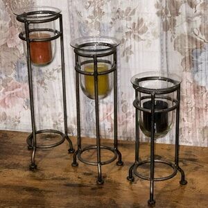 Glass Candle Holders with Wrought Iron Stands